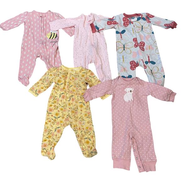 Girls Pajamas One Piece Baby Sleepwear 6M Mixed Lot of 6 Romper Long Sleeves - Picture 1 of 7